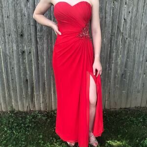 Red Strapless Prom Dress Sweetheart Neck Floral Embroidered Bedazzled Cutout